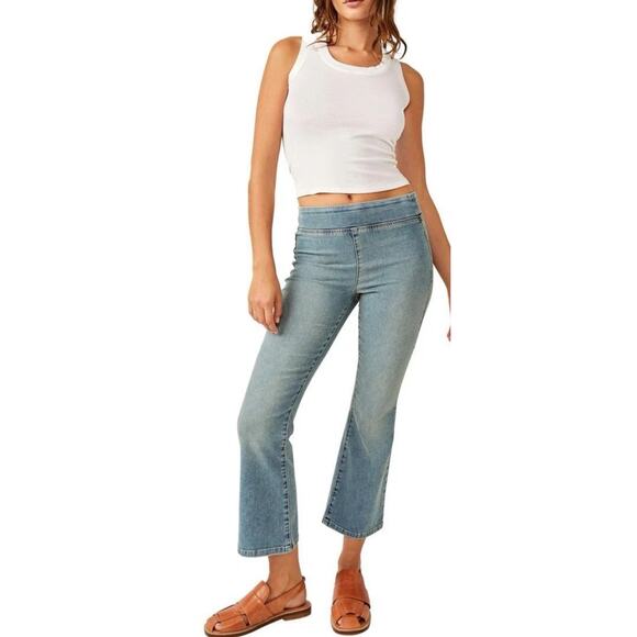 Free People We The Free In My Feelings Mid Rise Crop Boot Light Blue Large - Picture 1 of 11